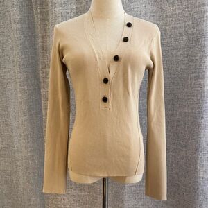 FRAME Button-Accent Ribbed V-Neck Sweater in Beige